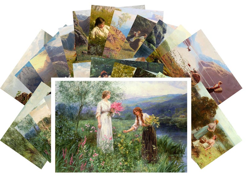 PIXILUV Vintage PostCards 24 pcs Country Girl Rural Landscapes Vintage Painting - Image 1